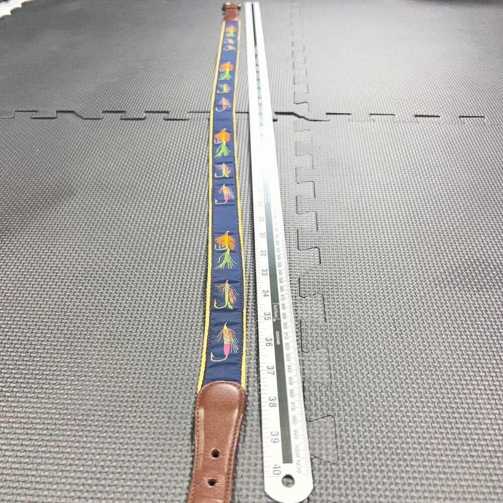 Vintage Brown Leather & Navy Fly-Fishing Embroidered Belt 40-41 Solid Brass Buck